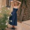 European and American Retro Dress, Slim-Fitting, Sexy Backless Mid-Length Dress, Off-The-Shoulder Neckline, Thin Straps, Mid-Waist Slip Dress