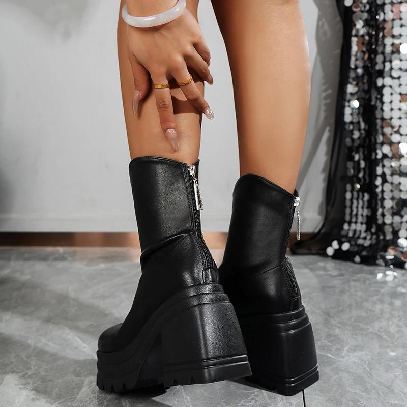 Fashion Platform Heel Punk Style Women Ankle Boots Fashion Back Zippers Shoes Autumn Winter Soft Leather Ladies Short Booties