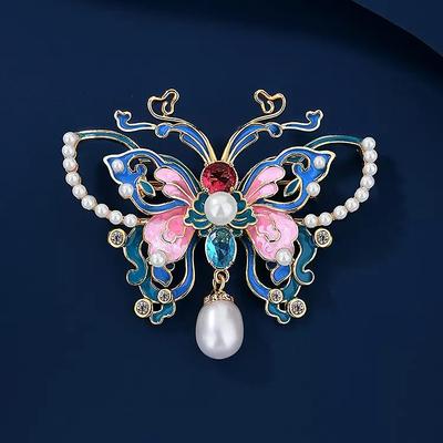 Emaille Schmetterlingsbrosche Damen Chinesischer Stil Temperament Perlenbrosche Atmosphäre Hoher Sinn Cheongsam Jacke Anstecknadel Zubehör