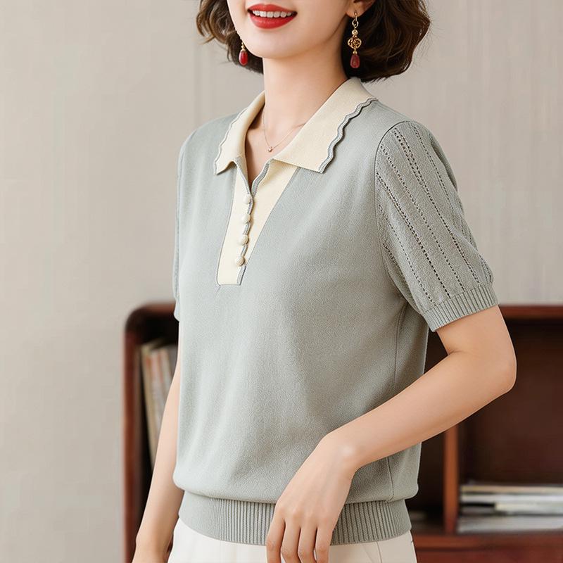 

2026 Stylish Lapel Knit Top - Hollow Design for Spring/Summer Versatility 3XL (for 60-65 kg) зелёный