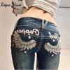 RogueWave American Retro Design Wing Embroidery Low Waist Women Jeans Flared Trousers Y2k Fashion Casual Hot Girl Pants