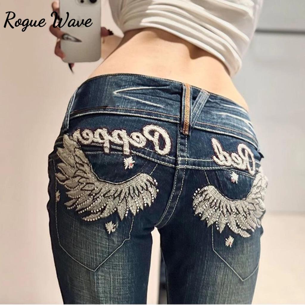 RogueWave American Retro Design Wing Embroidery Low Waist Women Jeans Flared Trousers Y2k Fashion Casual Hot Girl Pants