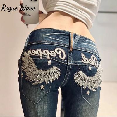 RogueWave American Retro Design Wing Embroidery Low Waist Women Jeans Flared Trousers Y2k Fashion Casual Hot Girl Pants