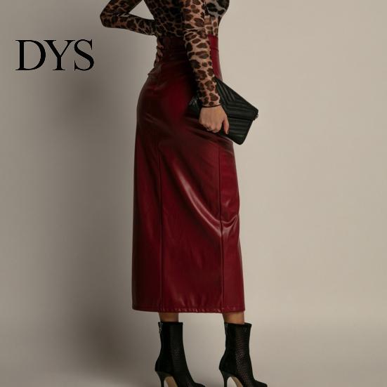 Hip Skirt Midi High Waist Artificial Leather with Slit Design Pure Versatile Color Slimming Fit Office Lady Work Leisure Daily Wear Women Waisted