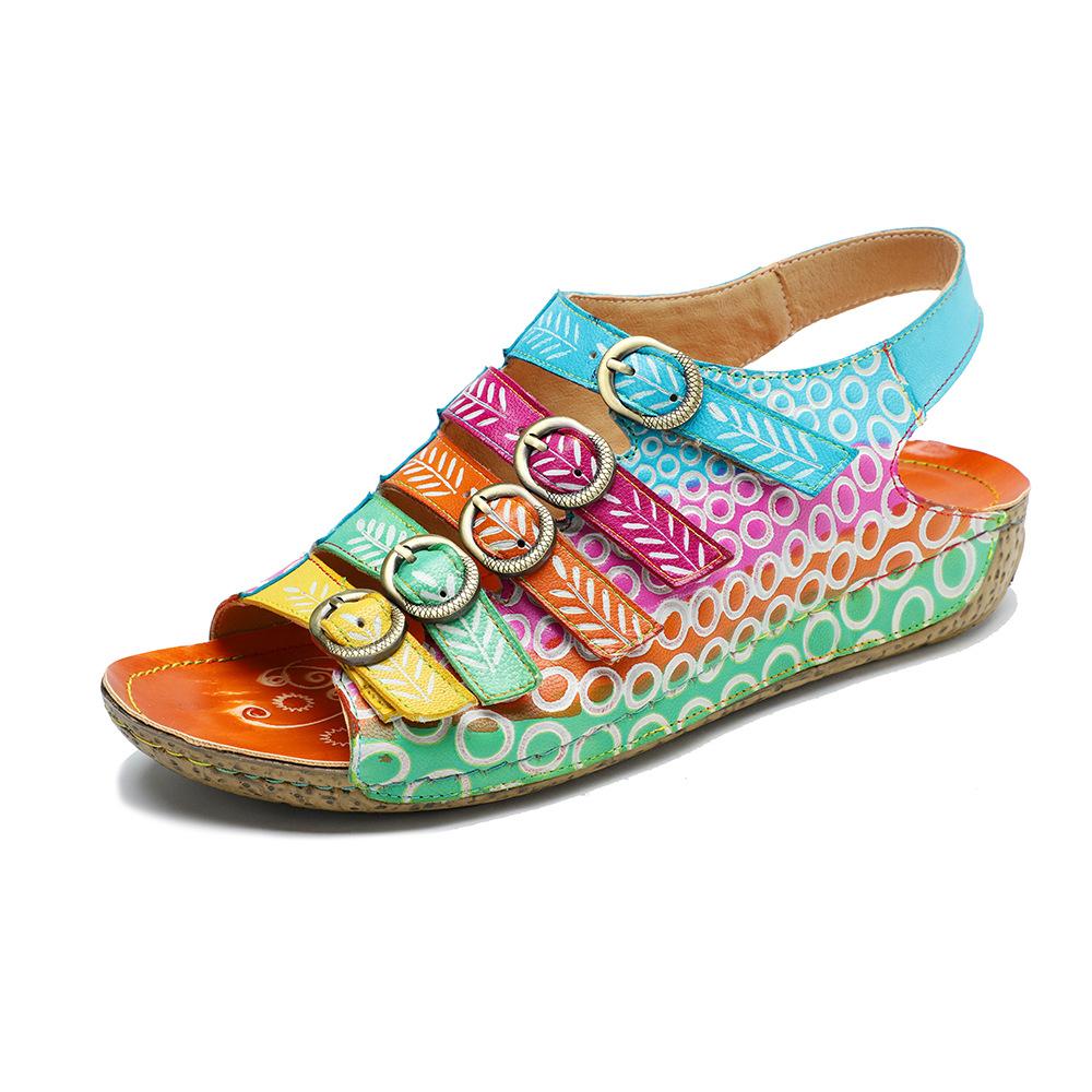 Johnature Echtes Leder Retro Damen Schuhe Sommer Farbe flache Sandalen Komfort atmungsaktive handbemalte Strandsandalen