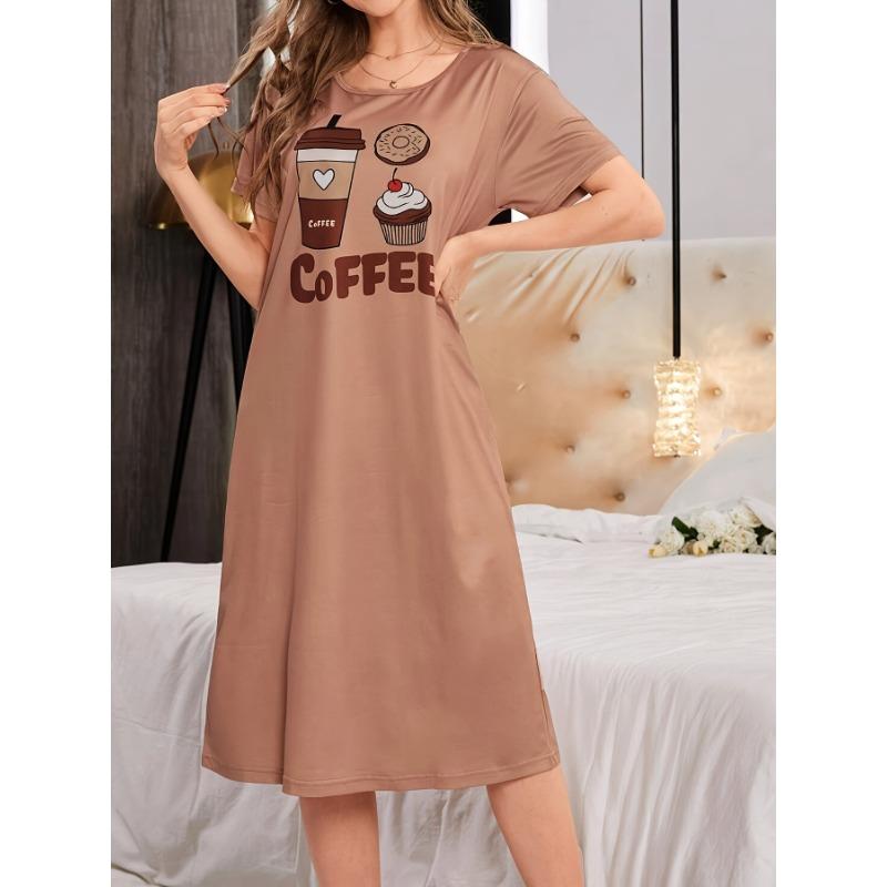 Velká velikost, Kulatý výstřih, Krátký rukáv, Modrý květ meruňky, Domácí oblečení, Noční košile, Šaty, Ležérní, Dámské oblečení s potiskem