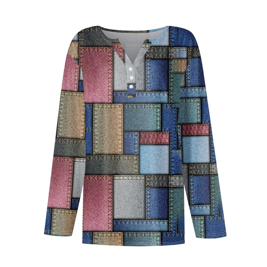 Women's Fashion Casual Printed V-neck Long Sleeve Button Up T-shirt Top