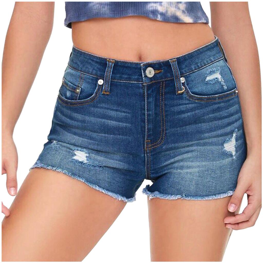 Fashion Womens Pocket Solid Jeans Denim Pants Female Hole Bottom Casual Shorts