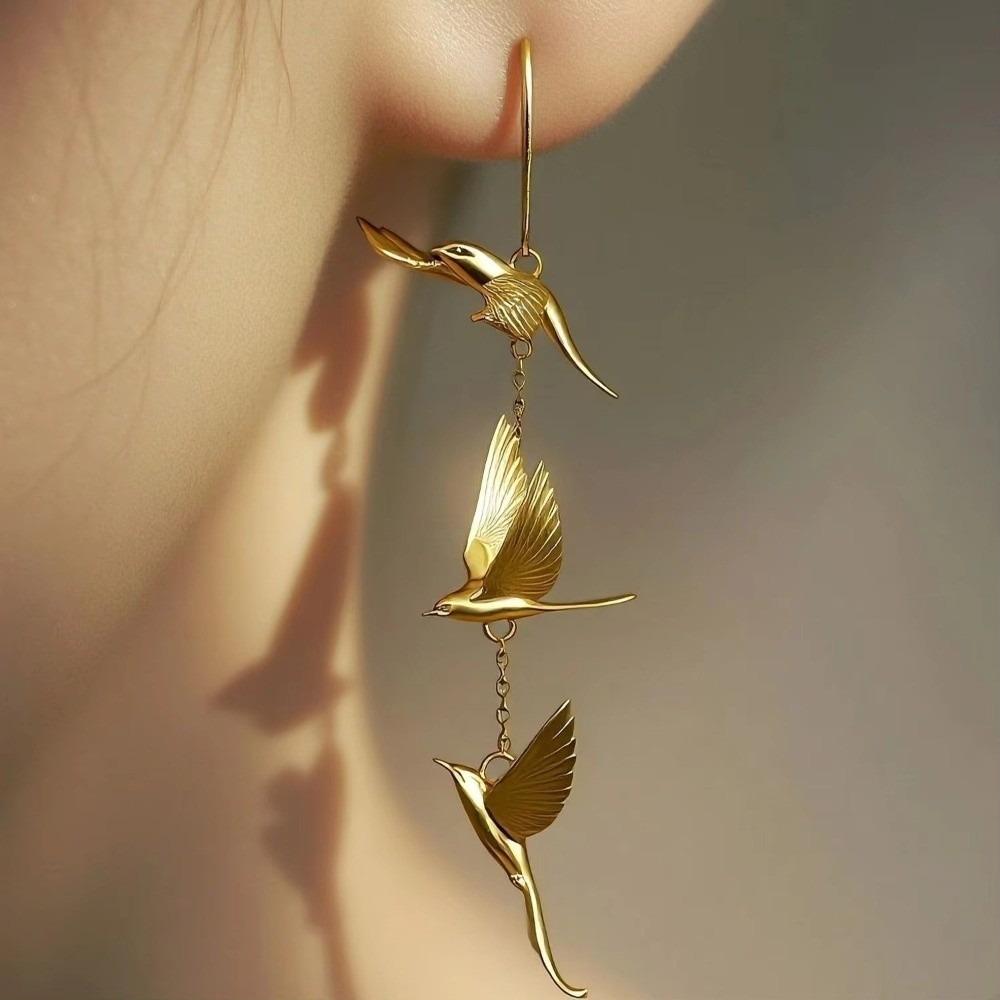 Alloy Six-Feathered Lark Earrings Chinese Style Gold Bird Earrrings Party Jewelry Accessory Gift