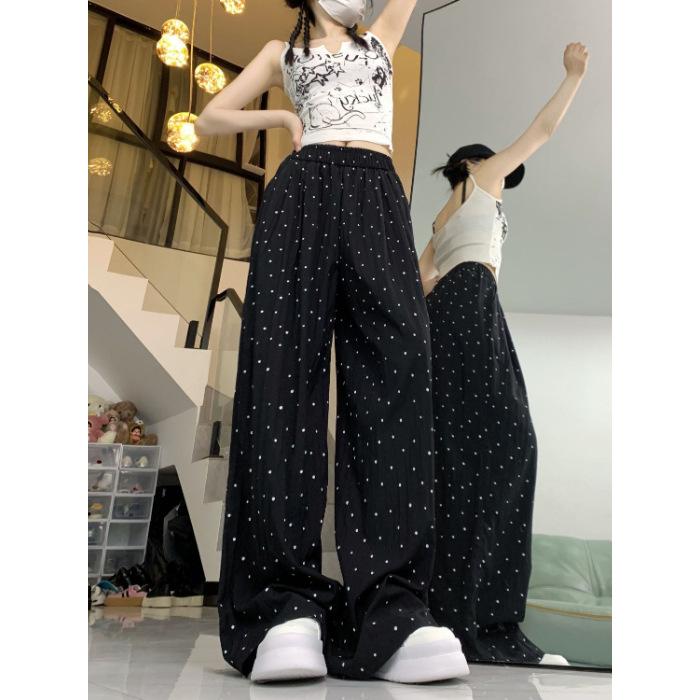 Women's High Waist Wide Leg Pants Loose Fit Korean Polka Dot Ice Silk Straight Trousers Casual Pants