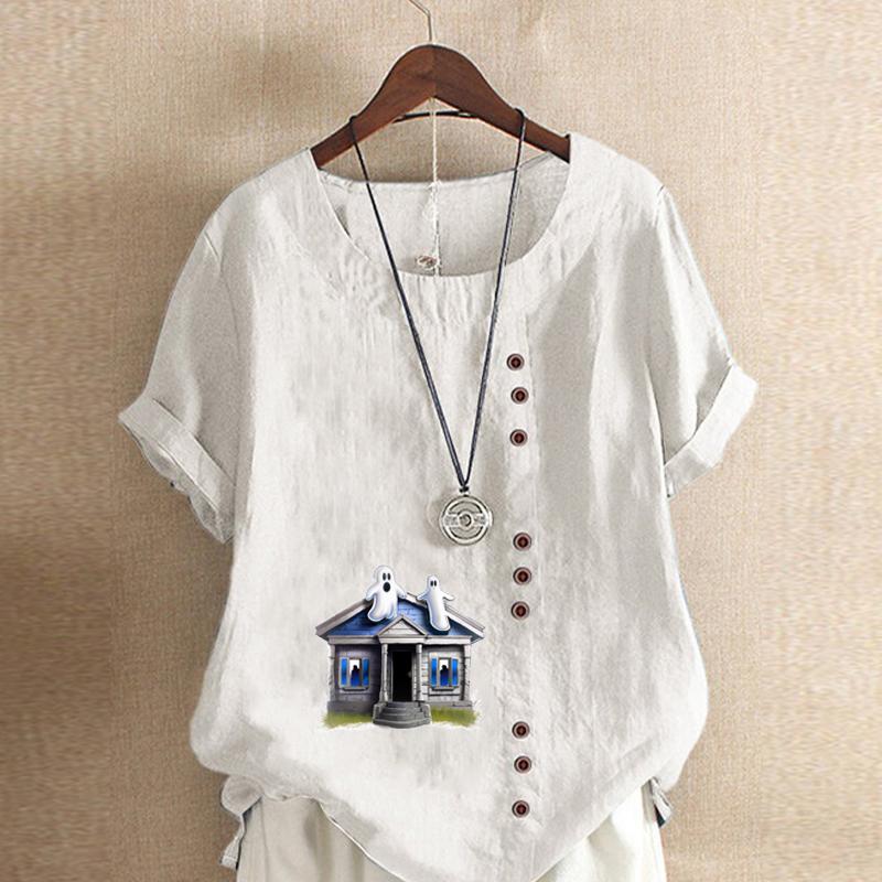Women's Fashion Haunted House Prined Round Neck Short Sleeve T-shirt Casual Cotton Linen Graphic Shirt Leisure Loose Summer Blouse Tops