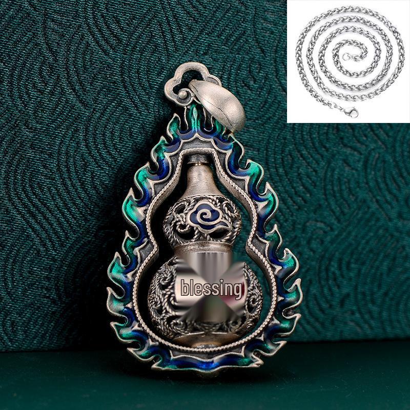 Retro Ethnic Style Women's Sterling Silver 999 Fu Character Enamel Filigree Pendant Necklace