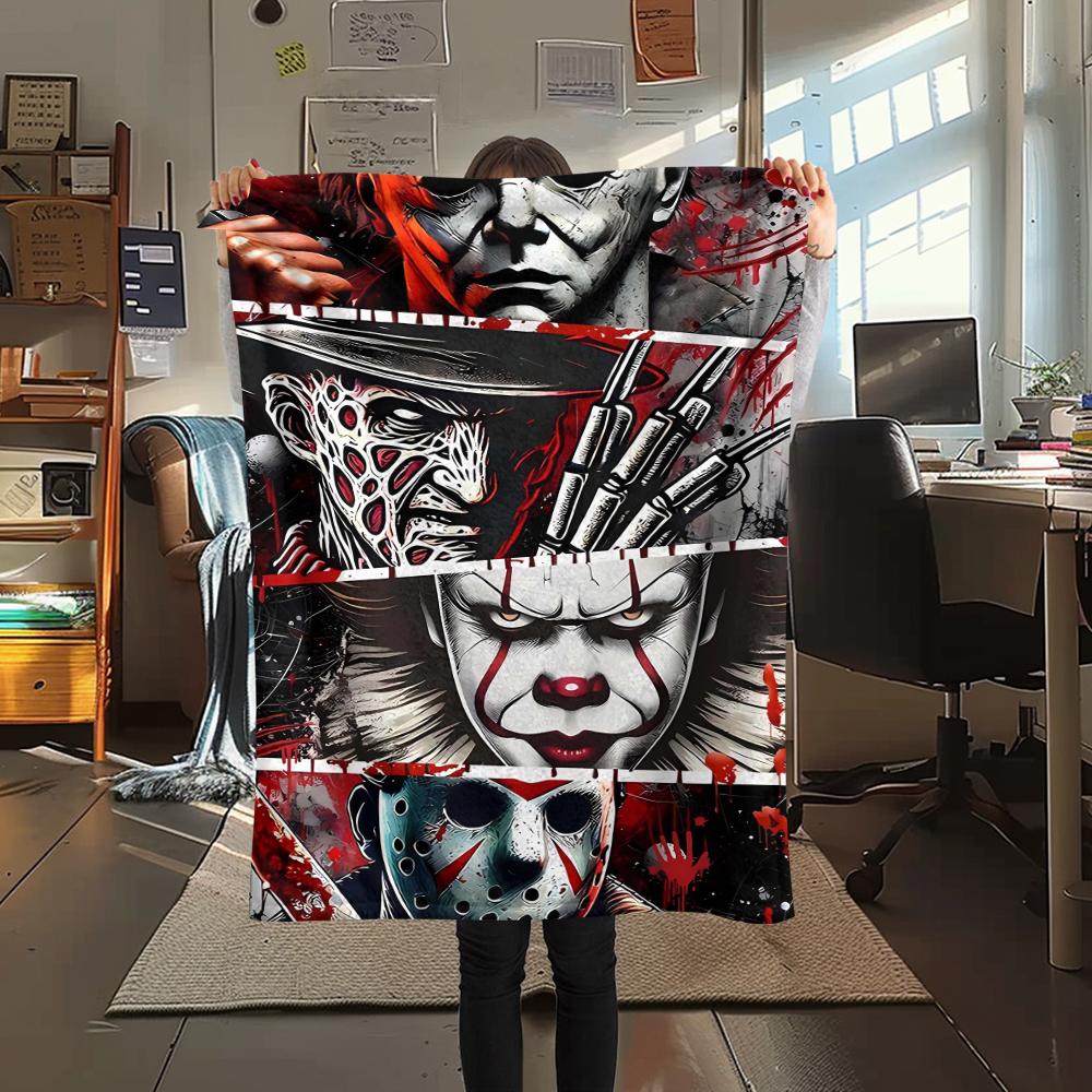 1 szt. Koc flanelowy z nadrukiem z filmu grozy, Wysokiej jakości, Wygodny na wszystkie pory roku, Wystrój domu, Ciepło i komfort, Idealny na prezenty świąteczne