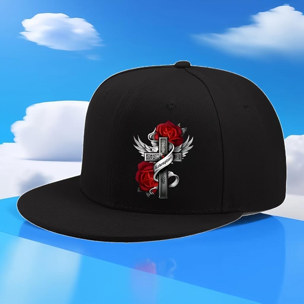 Redemption Rose Cross Wings Graphic Flat Brim Baseball Cap Unisex Polyester Outdoor Street Snapback