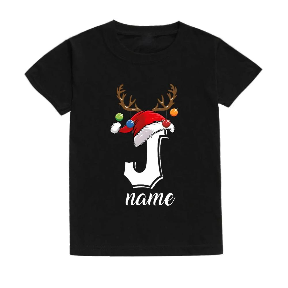 Christmas Kids T Shirt Initial with Name Child Clothes Tops Boy Girl Xmas Party Outfits Children Holiday T-shirt