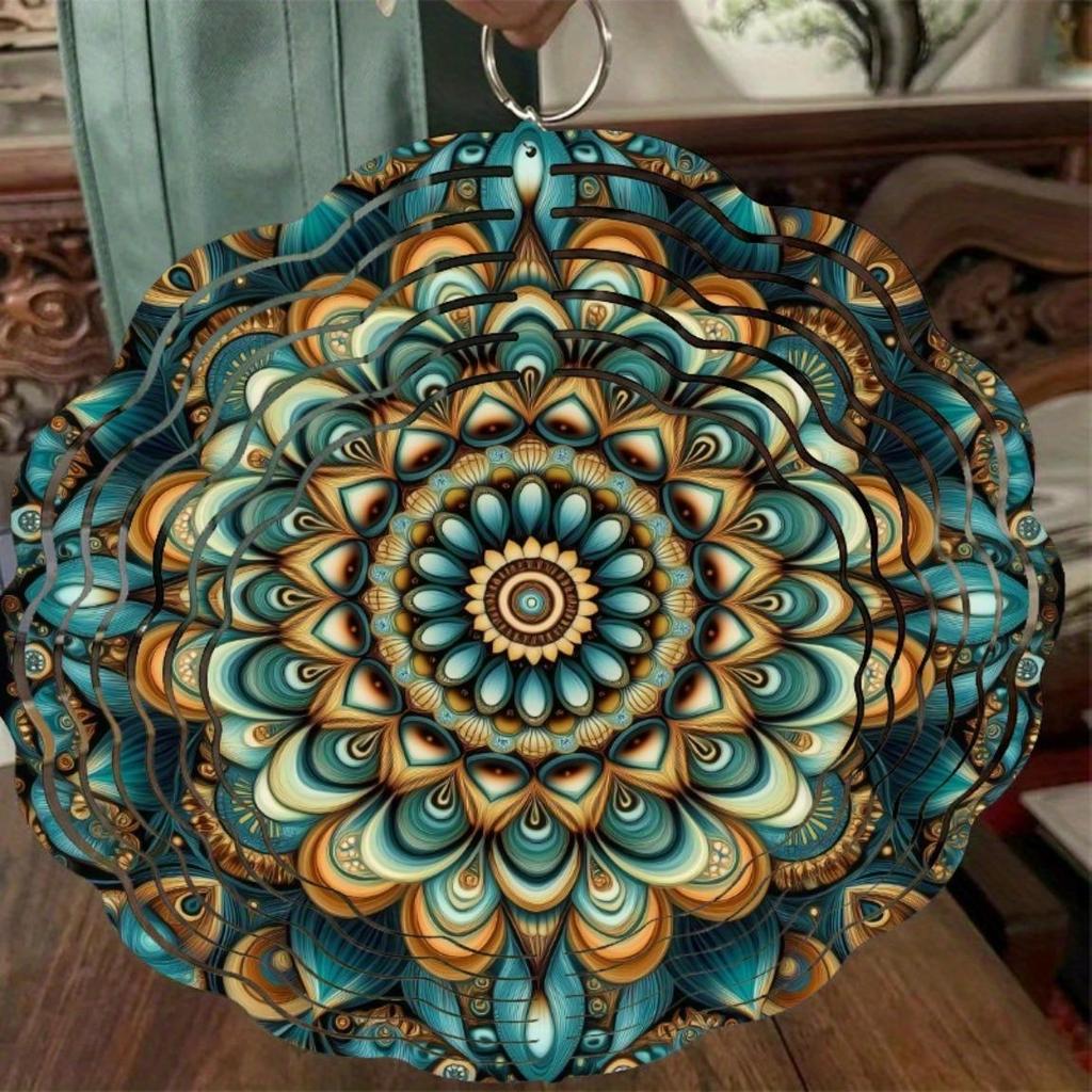 Metal Wind Spinner Autumn Flower Mandala Design in Teal Gold Brown for Garden Patio Balcony Decor All Season Outdoor Wind Chime