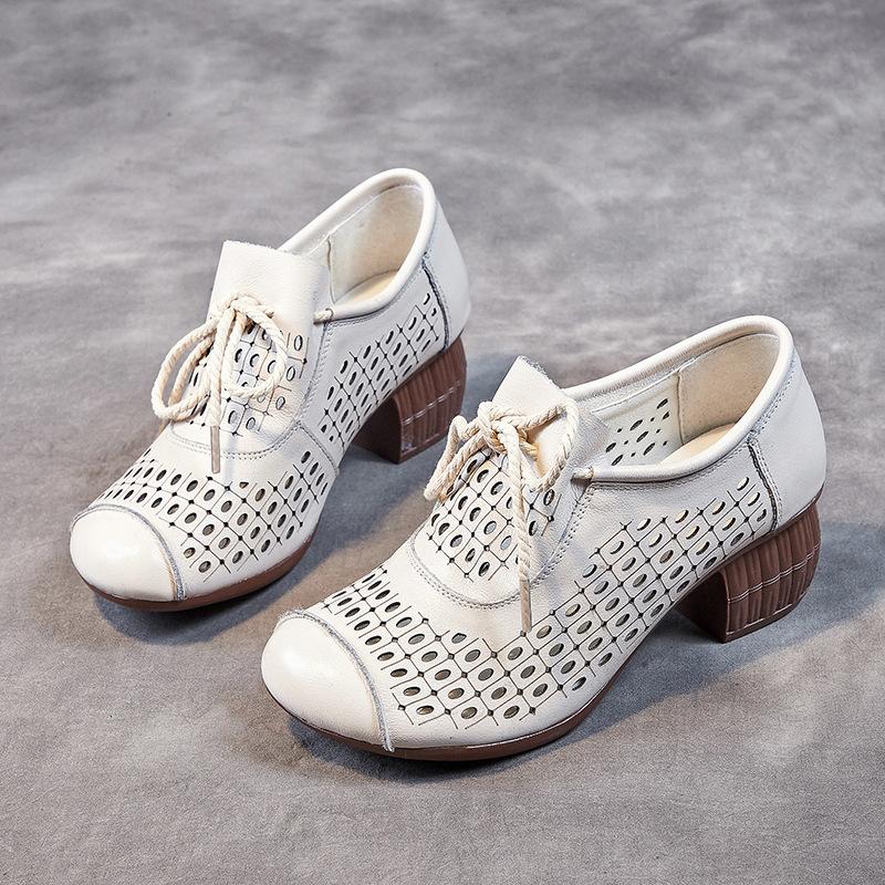 Retro women's shoes summer hollow breathable sandals women's head layer cowhide high heel soft sole non-slip hole shoes women's sandals