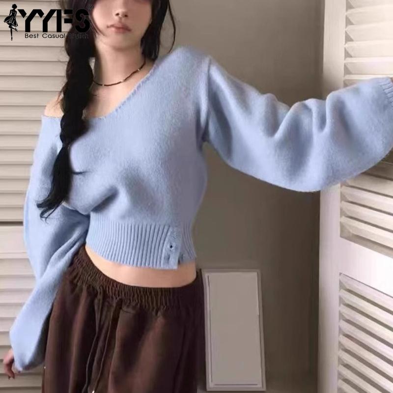 YYFS Damenmode, lässig, Herbst/Winter, einfarbig, bedruckt, langärmelig, V-Ausschnitt