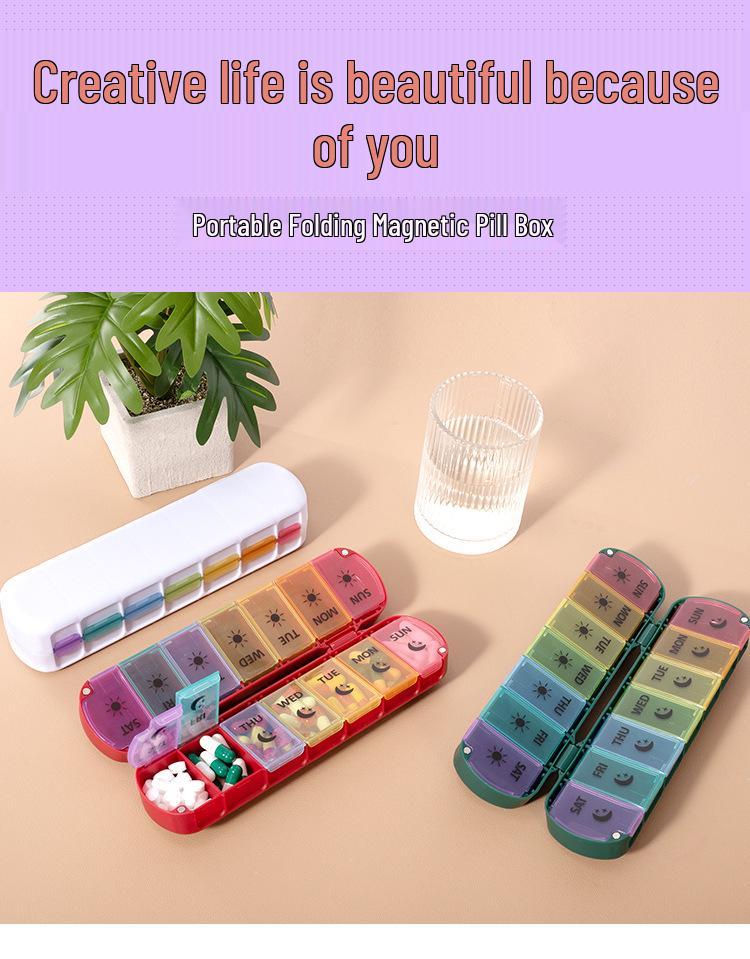 14-Grid Weekly Rainbow Magnetic Foldable Pill Organizer – Moisture-Proof, Portable, Compartmentalized Medicine Dispenser
