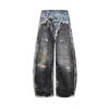 Mens Distressed 3D Printed Wide Leg Straight Cut Denim Jeans - Relaxed Fit Streetwear Style