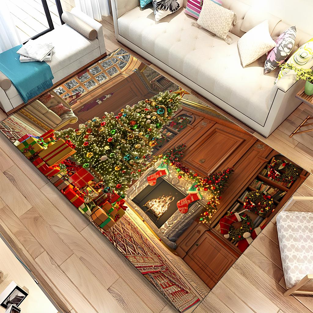 Cute Santa Claus Cartoon Merry Christmas Tree Festival Gift Carpet Rug for Living Room Bedroom Home Sofa Decoration,Non-slip