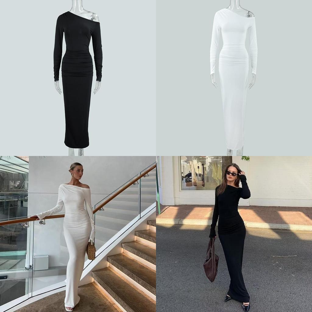 Sexy Young Woman Dress With Spliced Milk Silk Fabric And Pleated Long Sleeves For Casual Autumn Wear