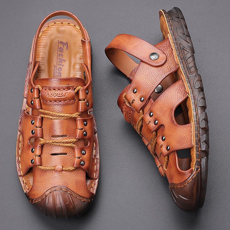 Summer outdoor sandals men's leather jelly sole men's baotou hole beach men's cool slippers breathable breathable non-slip