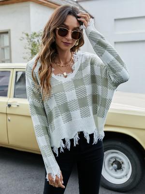 Damen lockerer kurzer V-Ausschnitt Pullover mit Herbst- und Winter-Quasten-Strickpullover