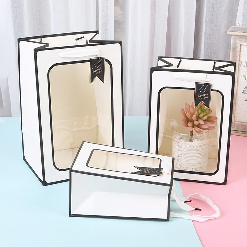 1PC Transparent Window Carrying Bag Clear Gift Bags Tote Paper Bag for Wedding Birthday Gifts Supplies Shopping Bags