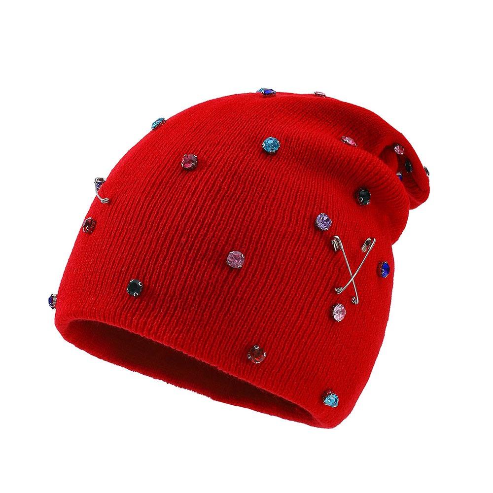 Warm Winter Hat Colored Rhinestone Knitted Pullover Cap Casual Ear Protection Hat Outdoor Sports