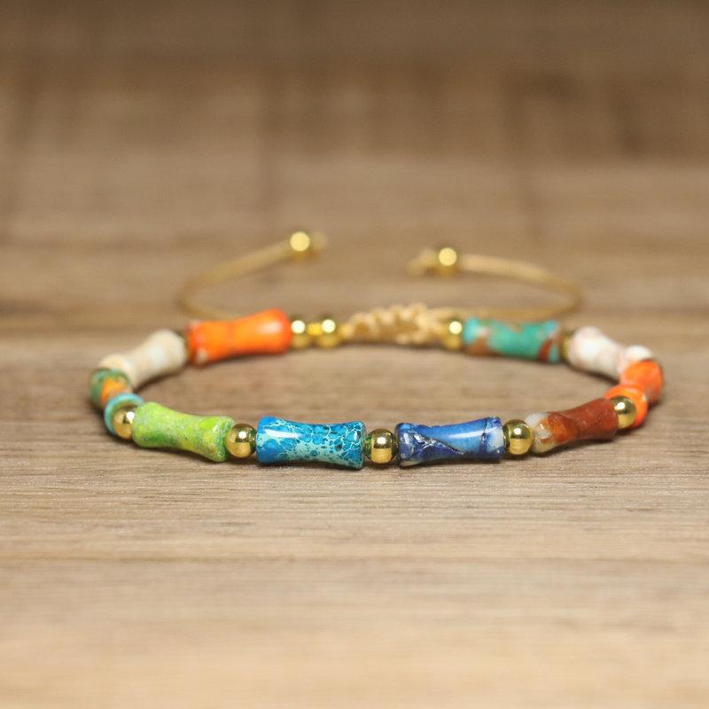 Bracciale con Perle di Bambù in Avventurina Verde – Accento Dorato Regolabile Gioiello Delicato, Regalo Fortuna Prosperità per Donne