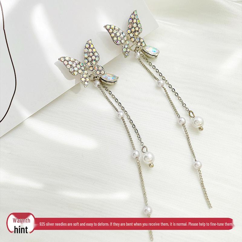 925 Silver Korean Mori Style Butterfly Tassel Earrings - Women s French Cold Style Celebrity Earrings
