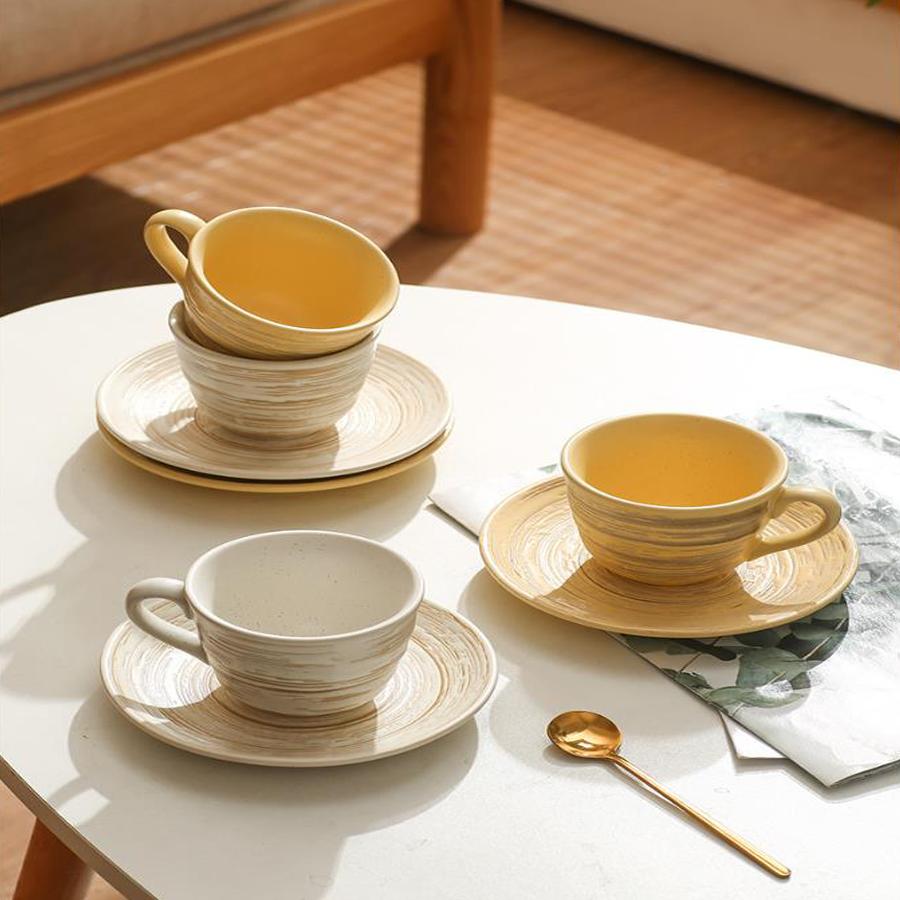 Coffee Cup Set with Saucer 210ml, Vintage Ceramic High Temperature Glaze for Home