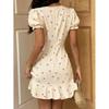 European summer new French design age-reducing cherry print V-neck ruffle edge dress