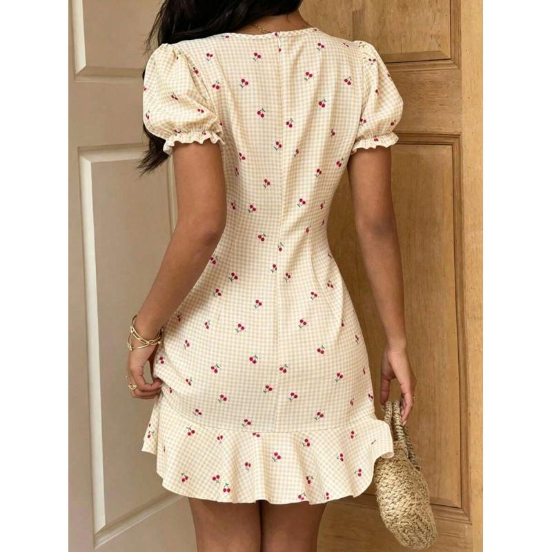 European summer new French design age-reducing cherry print V-neck ruffle edge dress