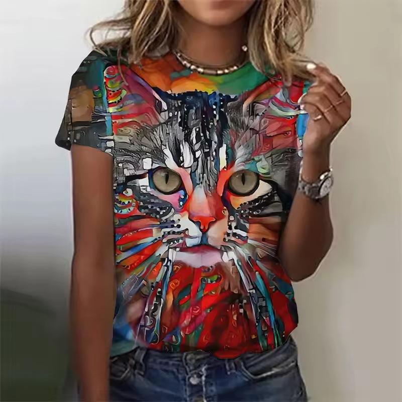 Summer Round Neck 3D Cat Pattern Print Top Fashionable Casual Short Sleeved Women's T-shirts