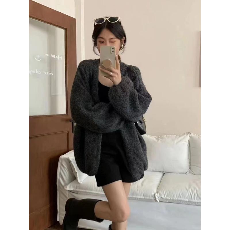 

Корейский большой ленивый стиль кофейного цвета свитер вязаный свободный кардиган женская осенне-зимняя верхняя одежда тонкое пальто One Size серый