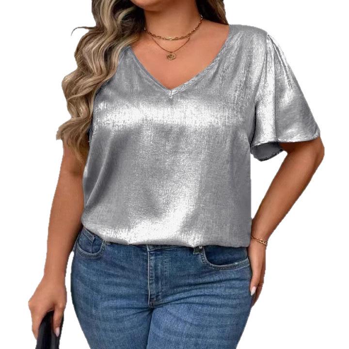 T-shirt Manches Courtes Uni Col en V Coupe Ample pour Femme Printemps/Été 2026