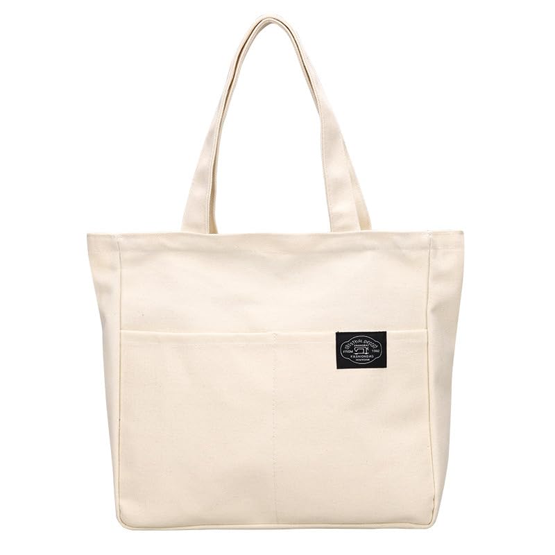 FineGood A4 Large Capacity Canvas Tote Bag with Multiple Durable Shoulder Bag for Men and Solid Perfect for and Travel Zipper, Pockets, Women, Color,