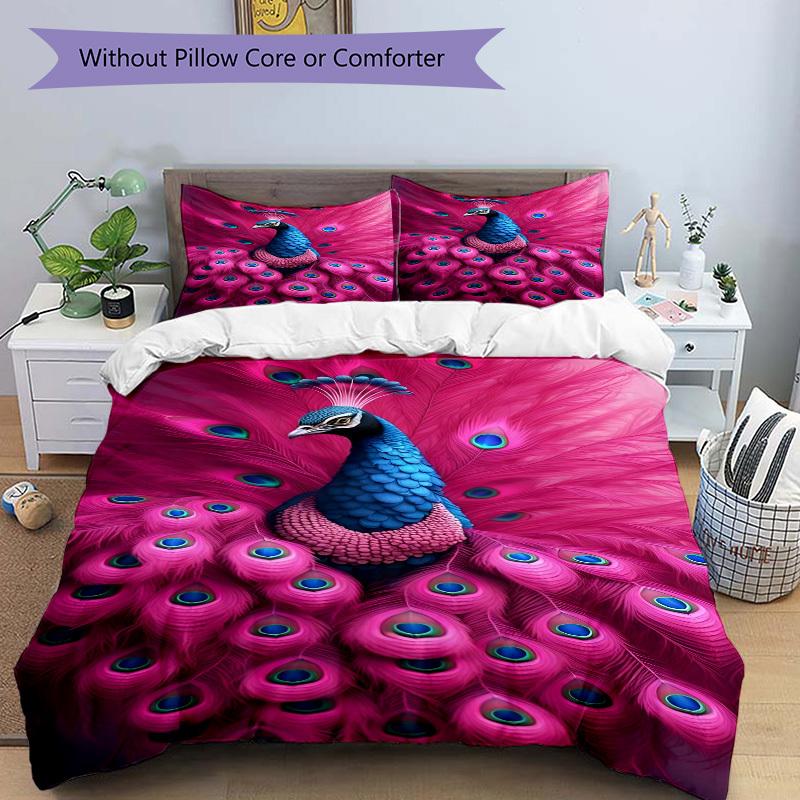 3pcs Peacock Feather Print Duvet Cover Set, 1 Duvet Cover + 2 Pillowcases (No Insert), High-Definition Print, Home & Dorm yy251123006