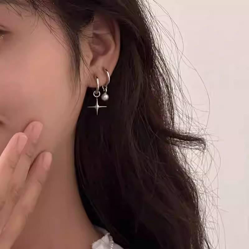 ANENJERY Geometric Star Simulated-pearl Pendant Earrings for Women Sweet Cool High-end Fashionable Asymmetrical New Trend Earrings Jewelry Gifts