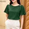 ZANZEA Women Casual Round Neck Summer Short Sleeve Plain Blouse