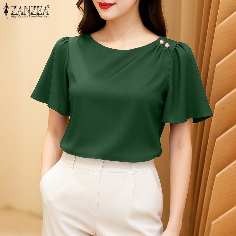 ZANZEA Women Casual Round Neck Summer Short Sleeve Plain Blouse