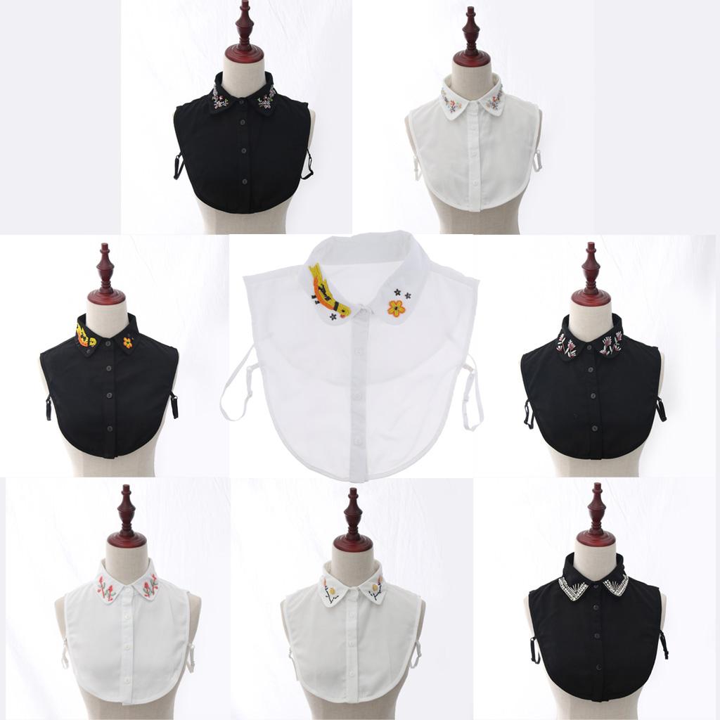 Women Removable Faux Collar Floral Embroidered Half Shirt Blouse Dickey Fashion Bib for Casual T Shirt