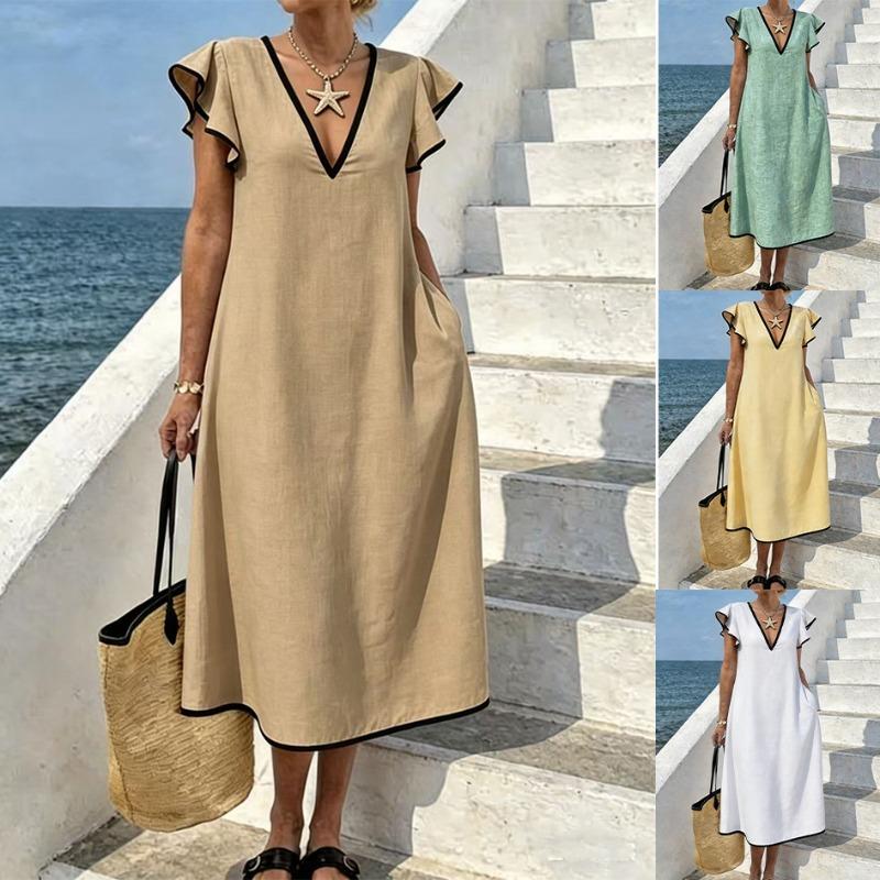 New net color temperament commuter V-neck bohemian loose pocket long dress
