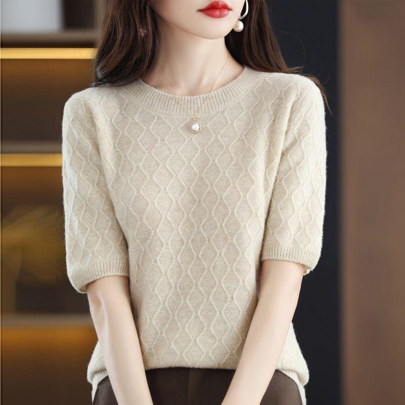 Winter Knitted Short Sleeve T-shirt Women's Loose Bottom Shirt Mid Sleeve Top