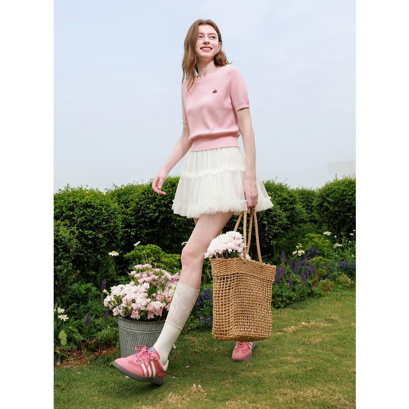 

Sancai 2025 Summer Cherry Embroidery Knit Short Sleeve Top S