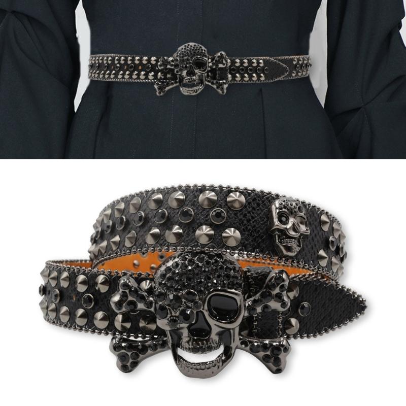 Punk Skull Buckle Belt for Adult Teens Rhinestones Rivet Studded Belt Halloween Party Music Festival Belt Eye Catching