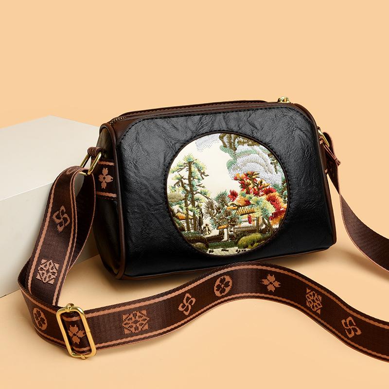 New Literary and Artistic Shoulder Bag Retro Embroidery Line Landscape Painting Mother Mobile Phone Bag Fashionable Multi-layer Crossbody Bag