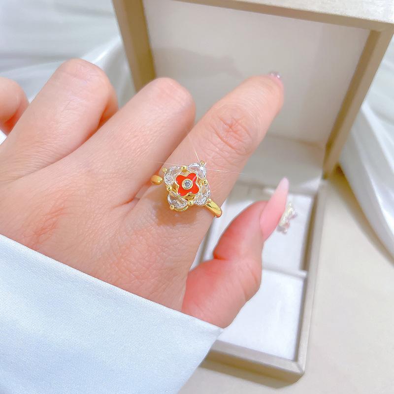 Real Gold Rotating Clover Ring Opening Adjustable Simple Jewelry Japanese Ring Couple Ring